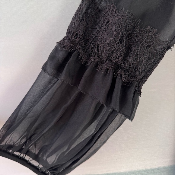 Diane Von Furstenberg Silk Blouse Lace Trim Sheer Sleeve Black Size 10 - Picture 5 of 11